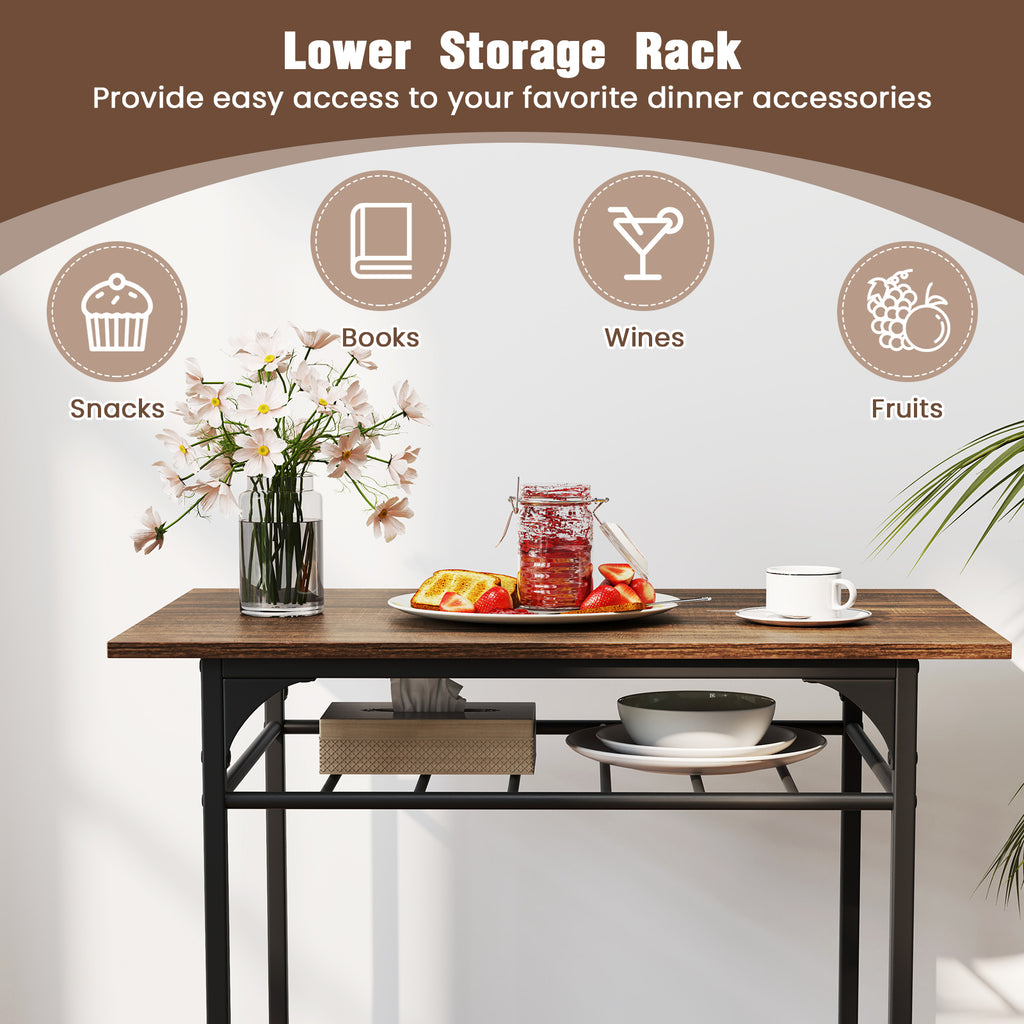 Dining Table Set with 2 Chairs & Storage Rack - Rustic Brown