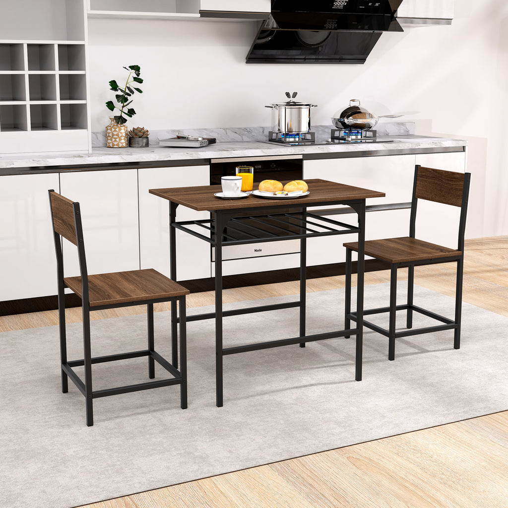 Dining Table Set with 2 Chairs & Storage Rack - Rustic Brown
