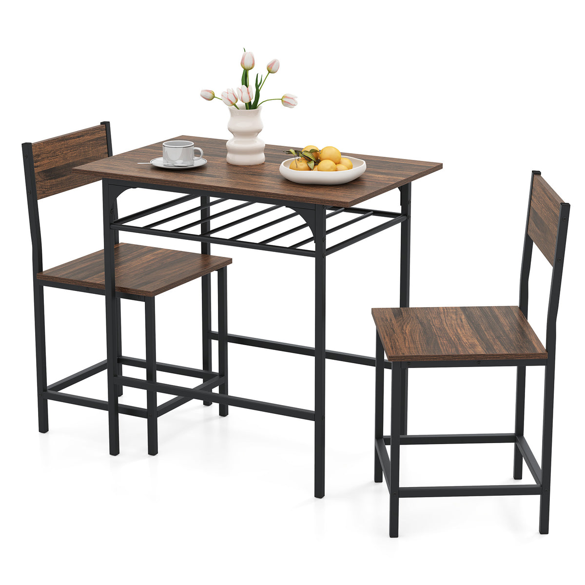Dining Table Set with 2 Chairs & Storage Rack - Rustic Brown