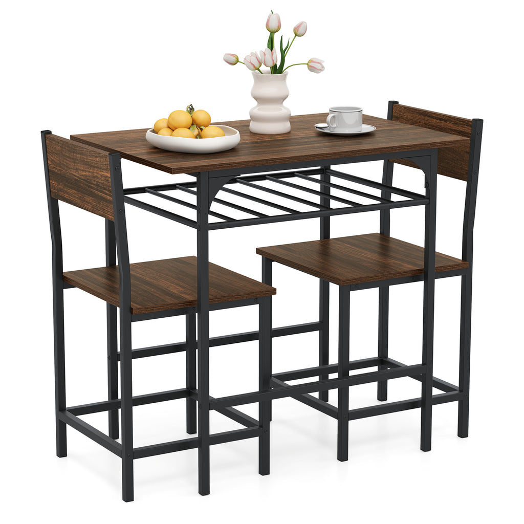 Dining Table Set with 2 Chairs & Storage Rack - Rustic Brown