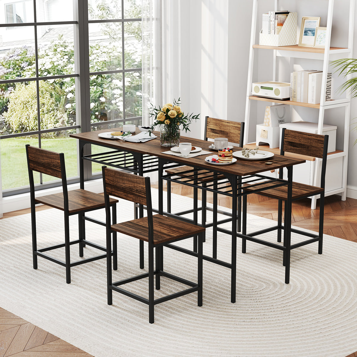 Dining Table Set with 2 Chairs & Storage Rack - Rustic Brown