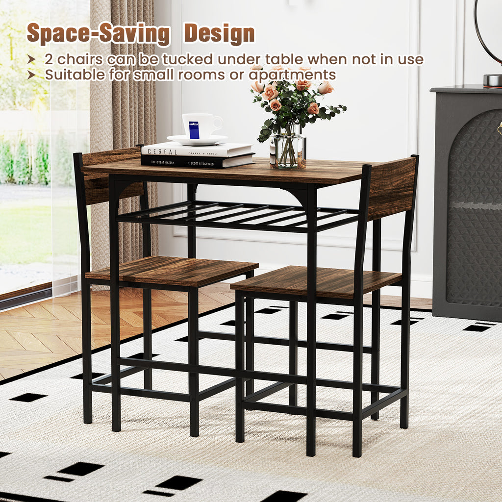 Dining Table Set with 2 Chairs & Storage Rack - Rustic Brown