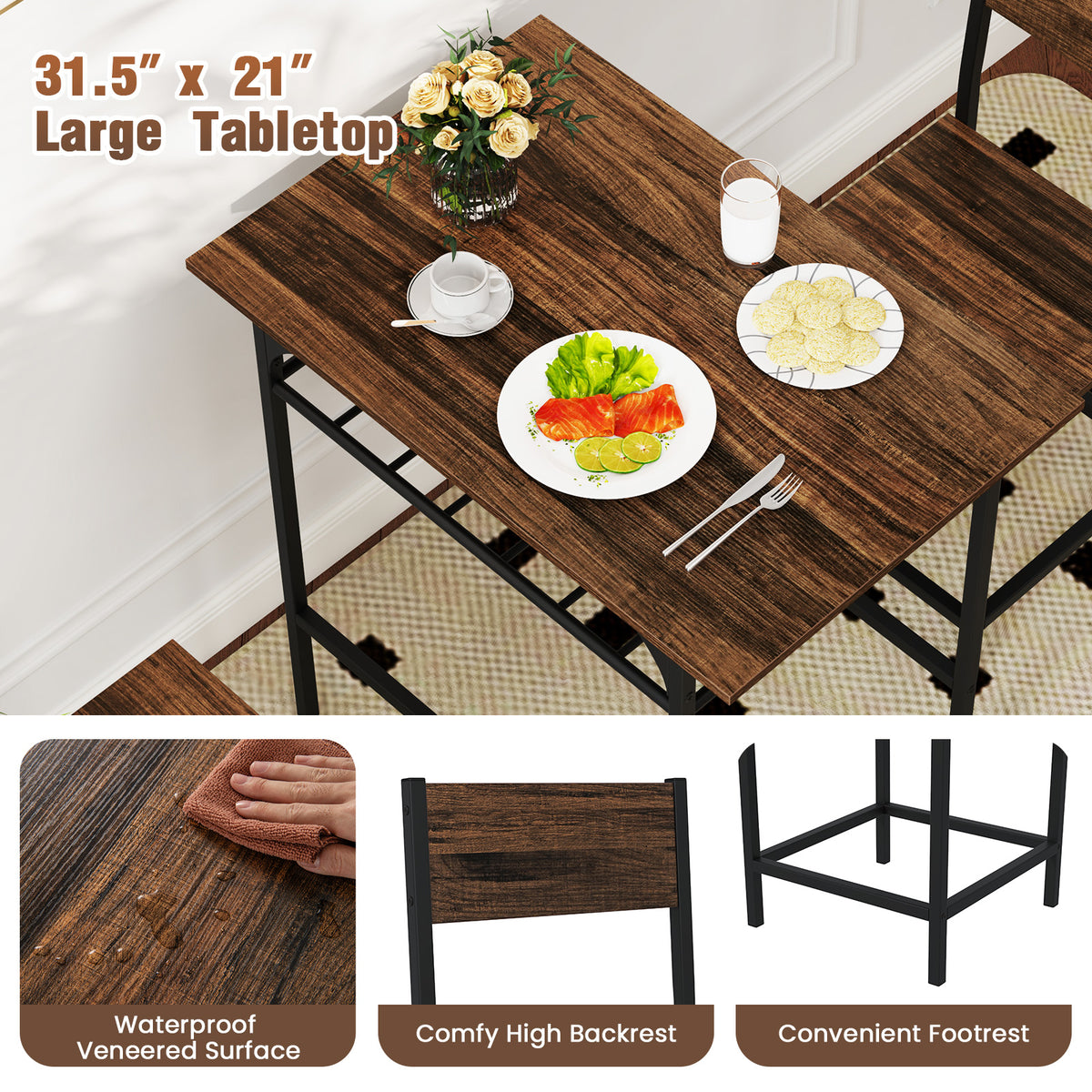 Dining Table Set with 2 Chairs & Storage Rack - Rustic Brown