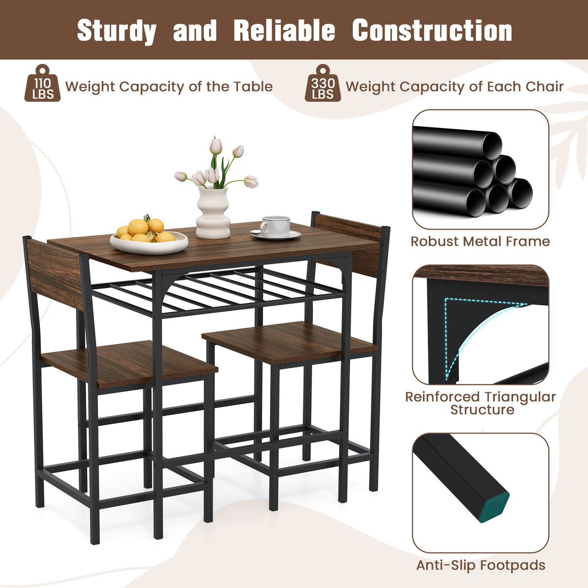 Dining Table Set with 2 Chairs & Storage Rack - Rustic Brown
