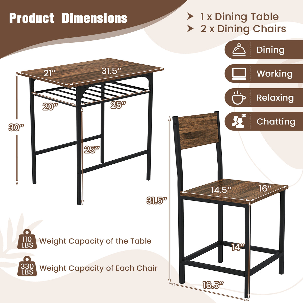 Dining Table Set with 2 Chairs & Storage Rack - Rustic Brown