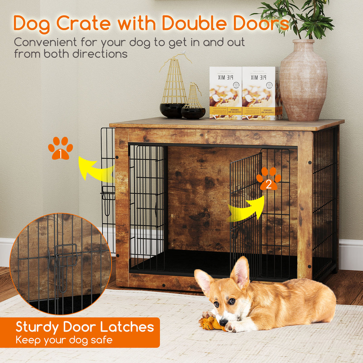 Dog Crate Furniture with Cushion & Double Lockable Doors - 32 Inches