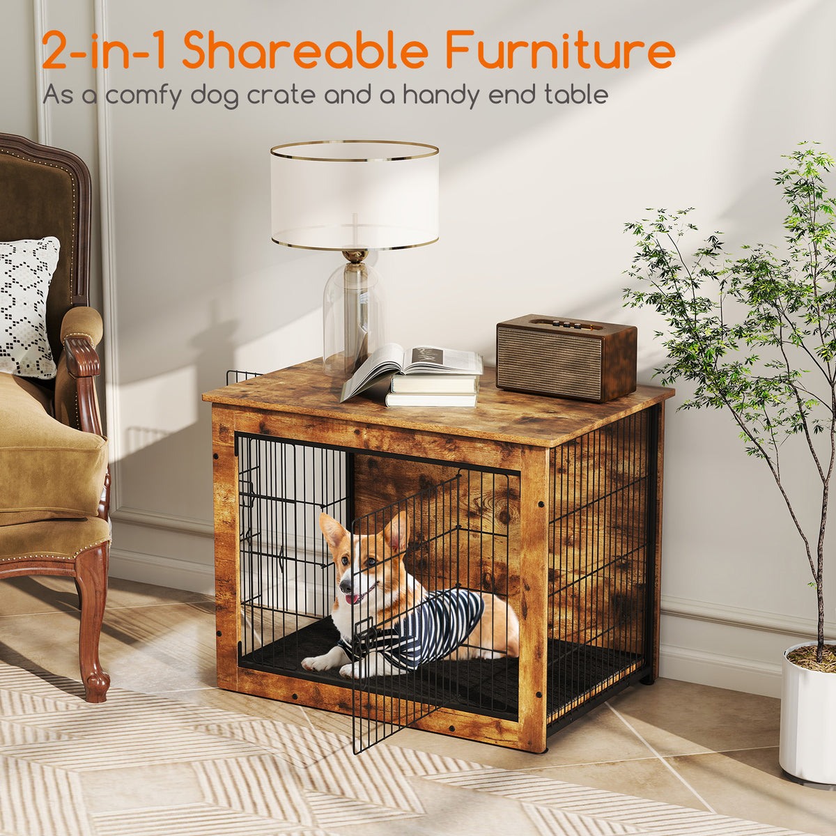 Dog Crate Furniture with Cushion & Double Lockable Doors - 32 Inches