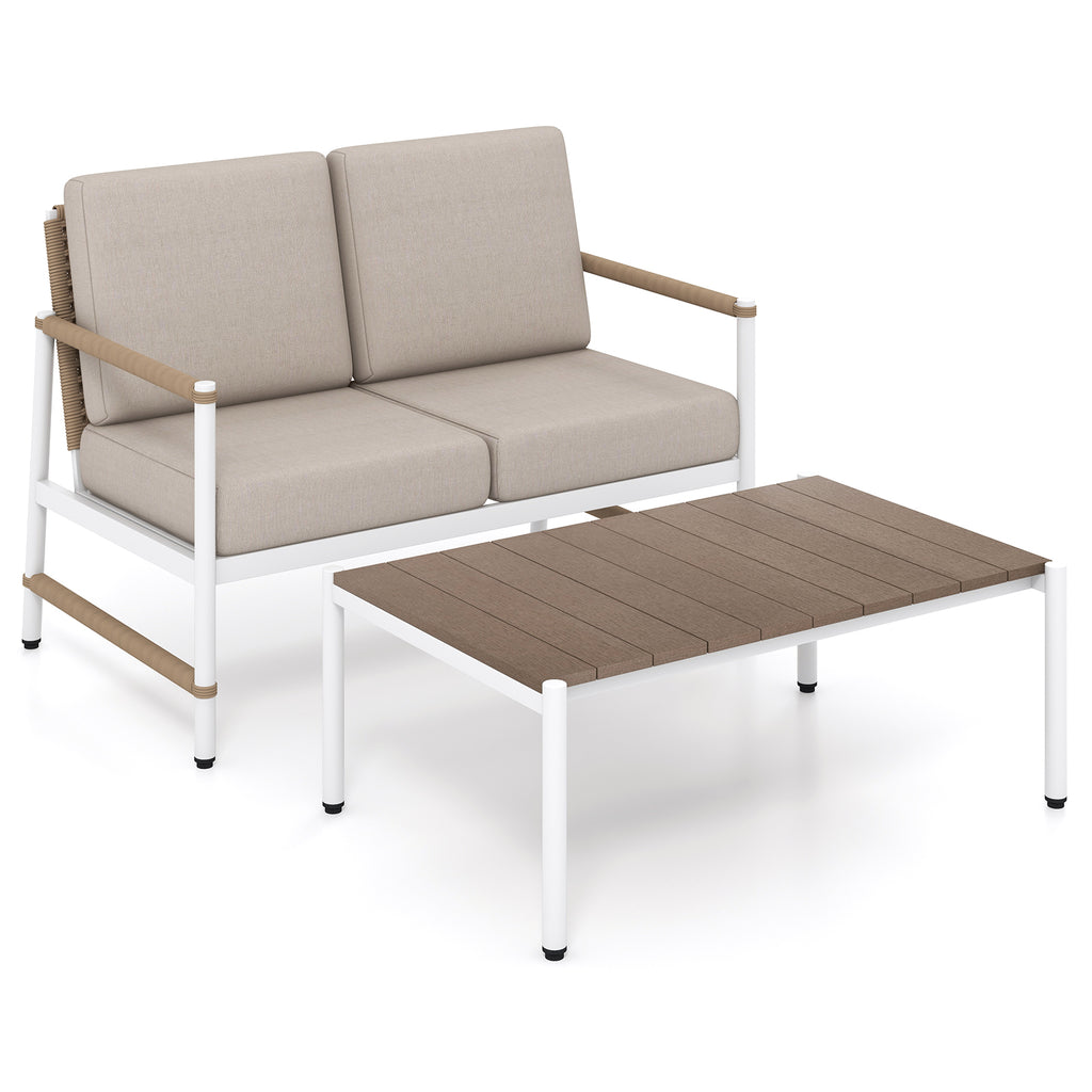 Patio Loveseat Sofa & Coffee Table Set with Cushions