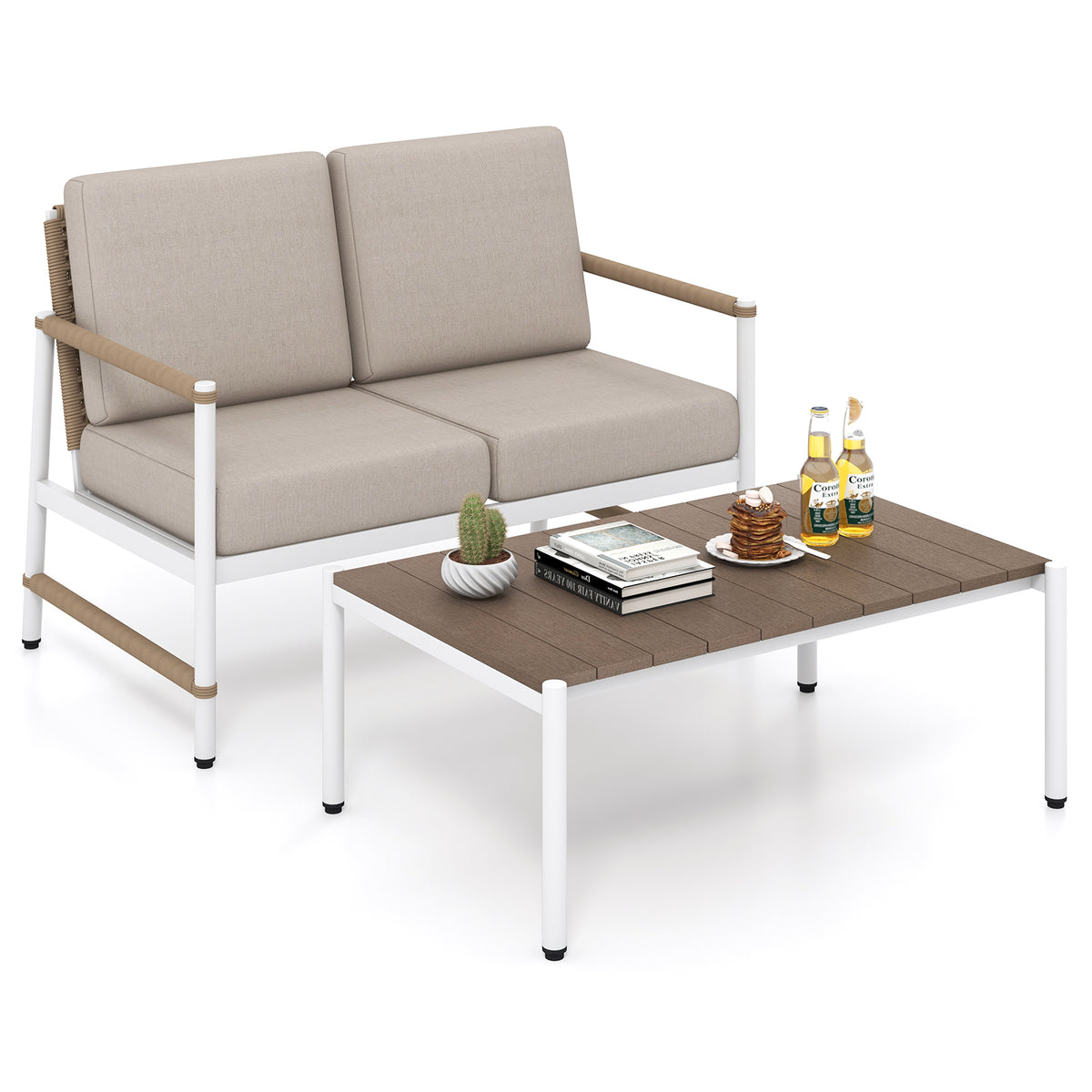 Patio Loveseat Sofa & Coffee Table Set with Cushions