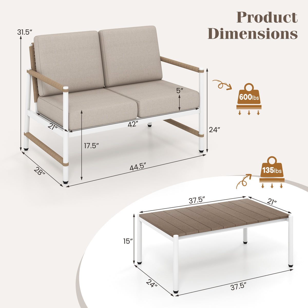 Patio Loveseat Sofa & Coffee Table Set with Cushions
