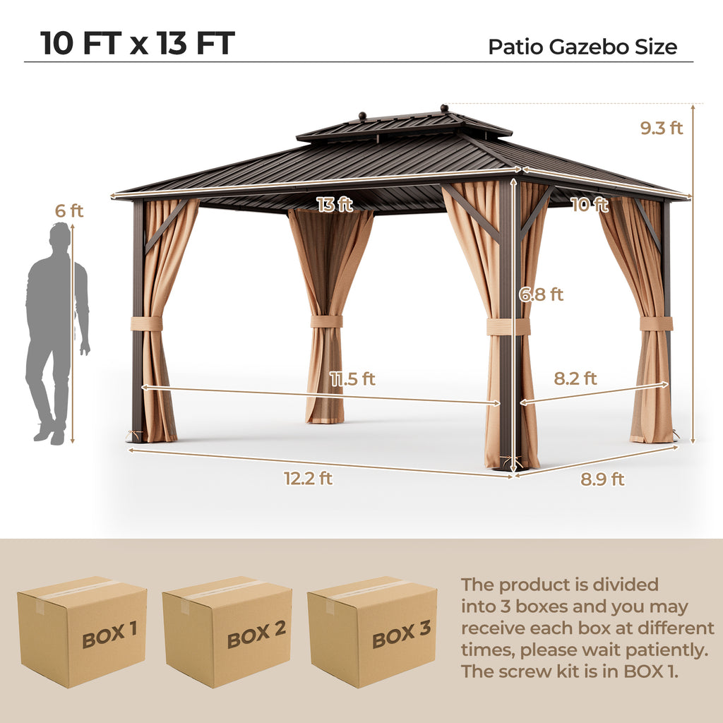 10x13 Patio Hardtop Gazebo with Double Roof & Netting - Coffee