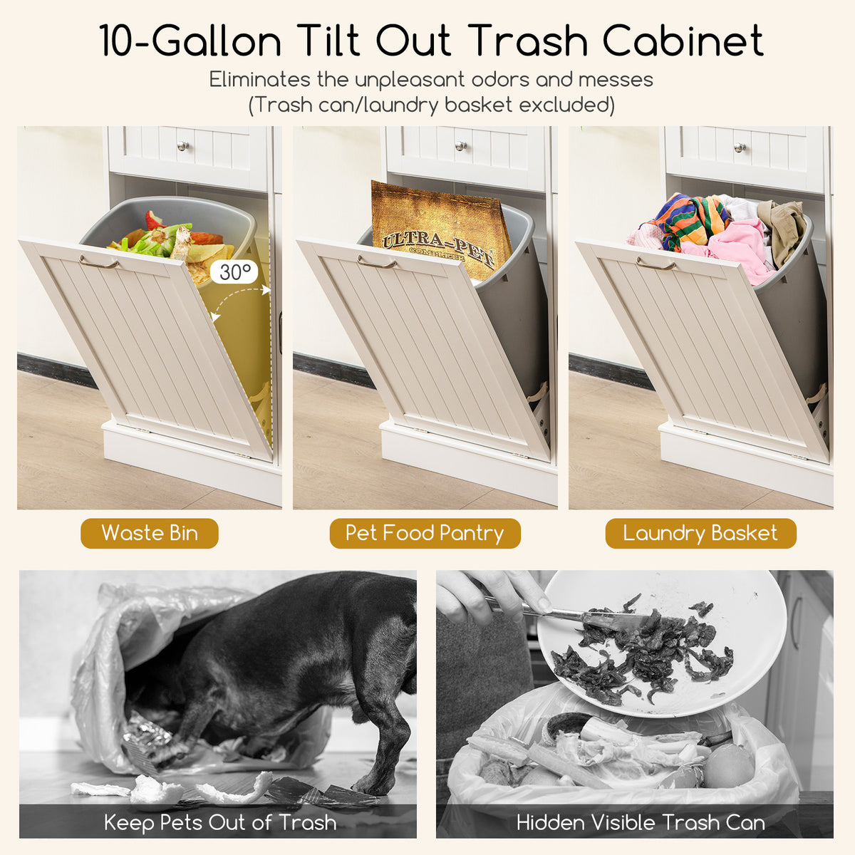 Tilt Out Trash Bin Hutch Cabinet with Rubberwood Countertop - White
