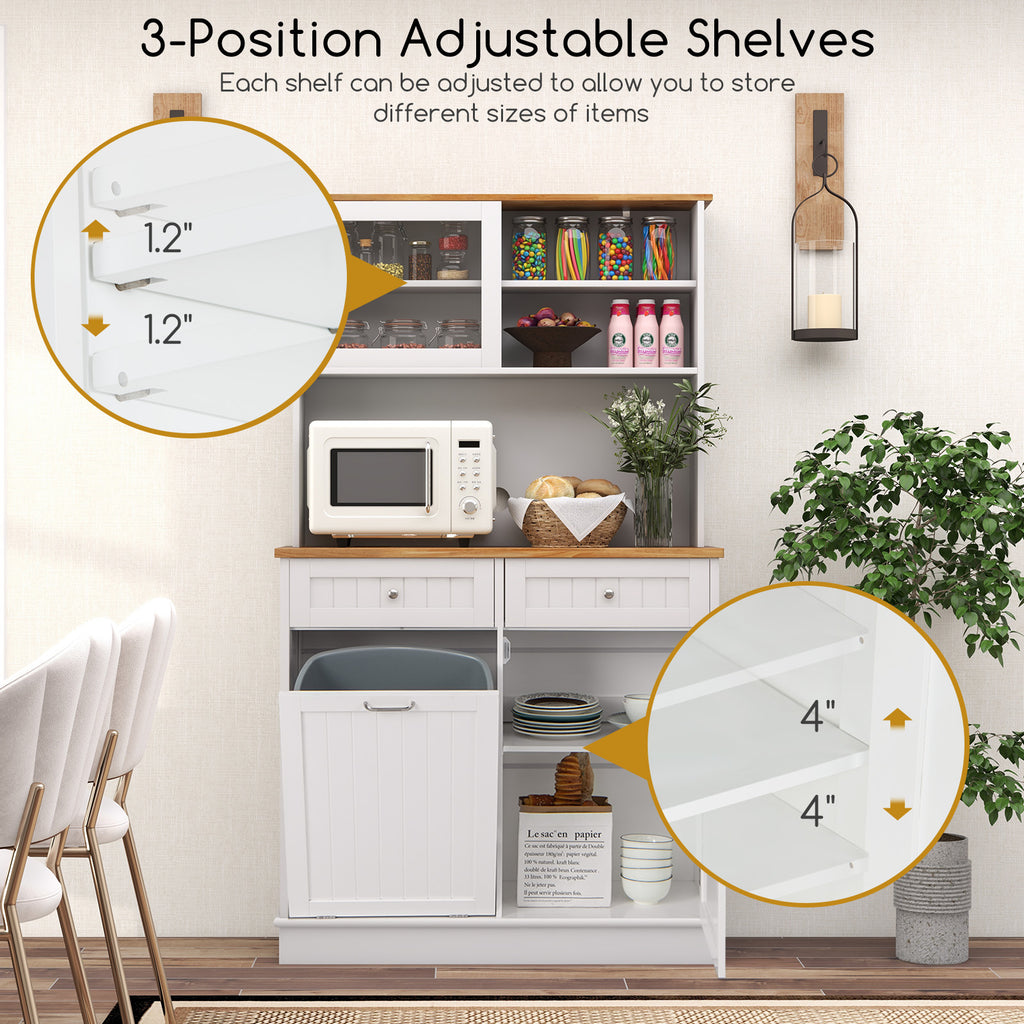 Tilt Out Trash Bin Hutch Cabinet with Rubberwood Countertop - White