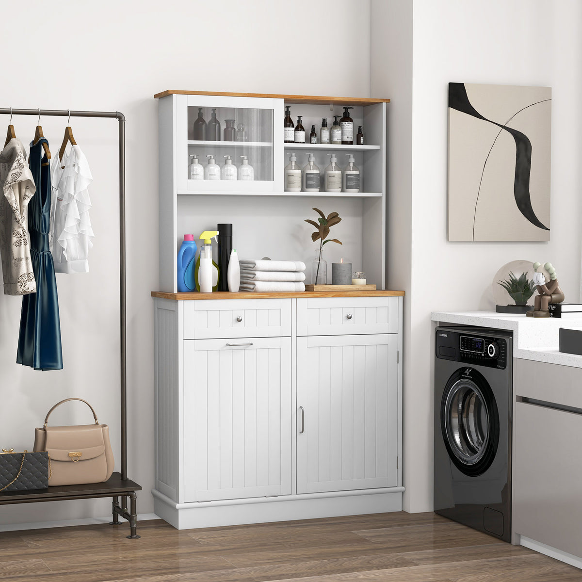 Tilt Out Trash Bin Hutch Cabinet with Rubberwood Countertop - White