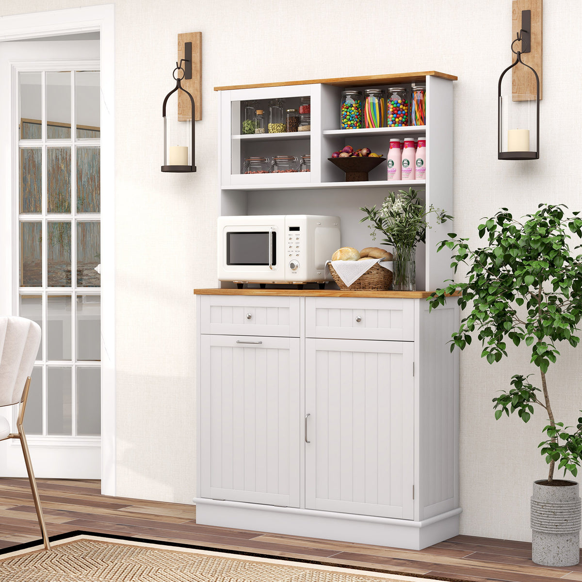 Tilt Out Trash Bin Hutch Cabinet with Rubberwood Countertop - White