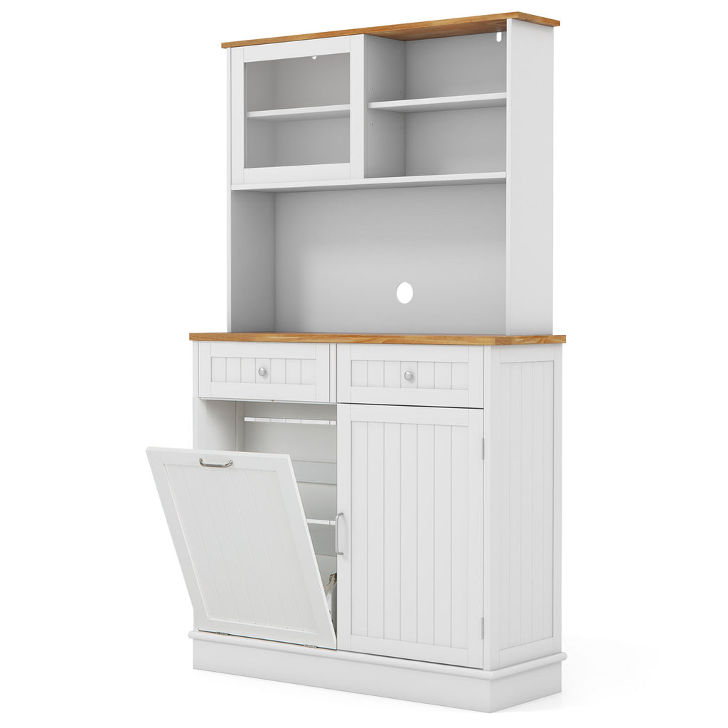 Tilt Out Trash Bin Hutch Cabinet with Rubberwood Countertop - White