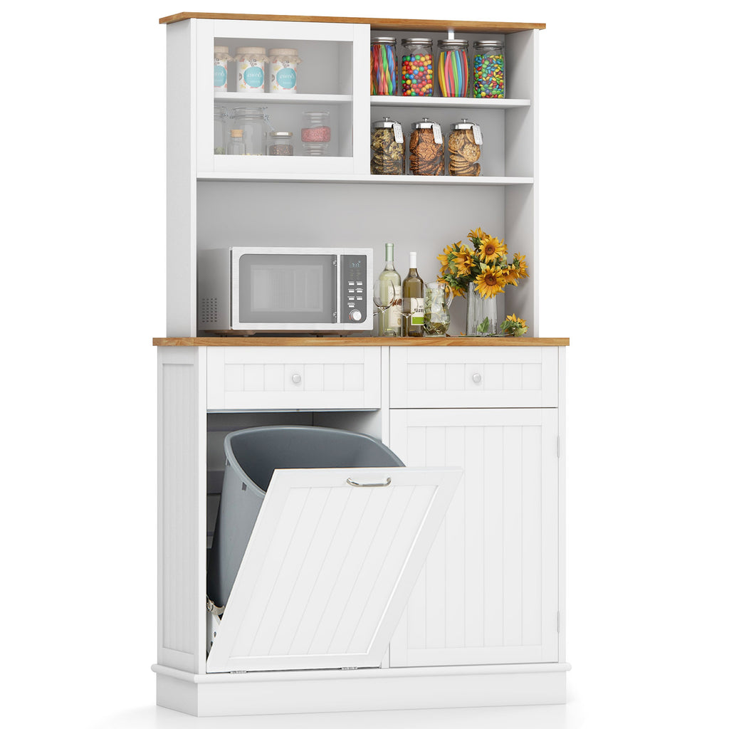 Tilt Out Trash Bin Hutch Cabinet with Rubberwood Countertop - White