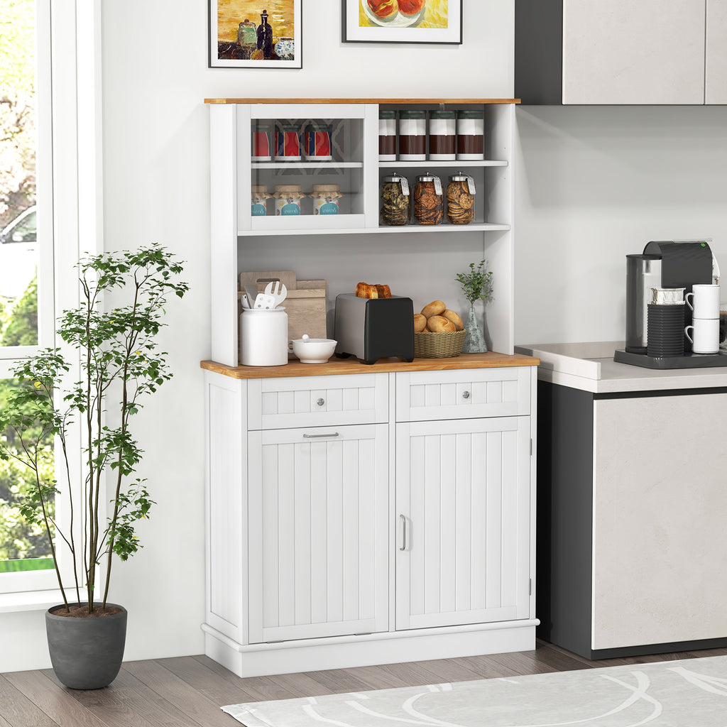 Tilt Out Trash Bin Hutch Cabinet with Rubberwood Countertop - White