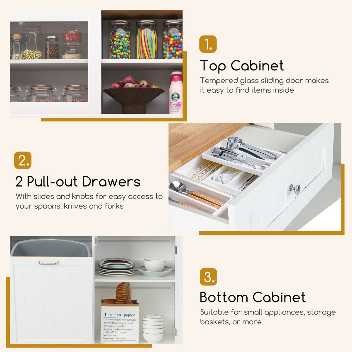 Tilt Out Trash Bin Hutch Cabinet with Rubberwood Countertop - White