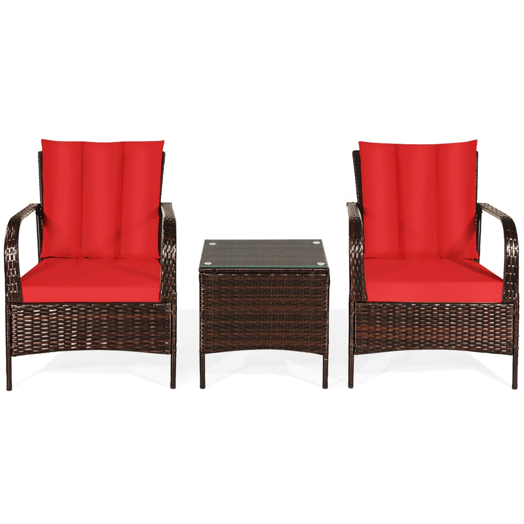 3 Pieces Patio Rattan Conversation Set with Glass Top Coffee Table