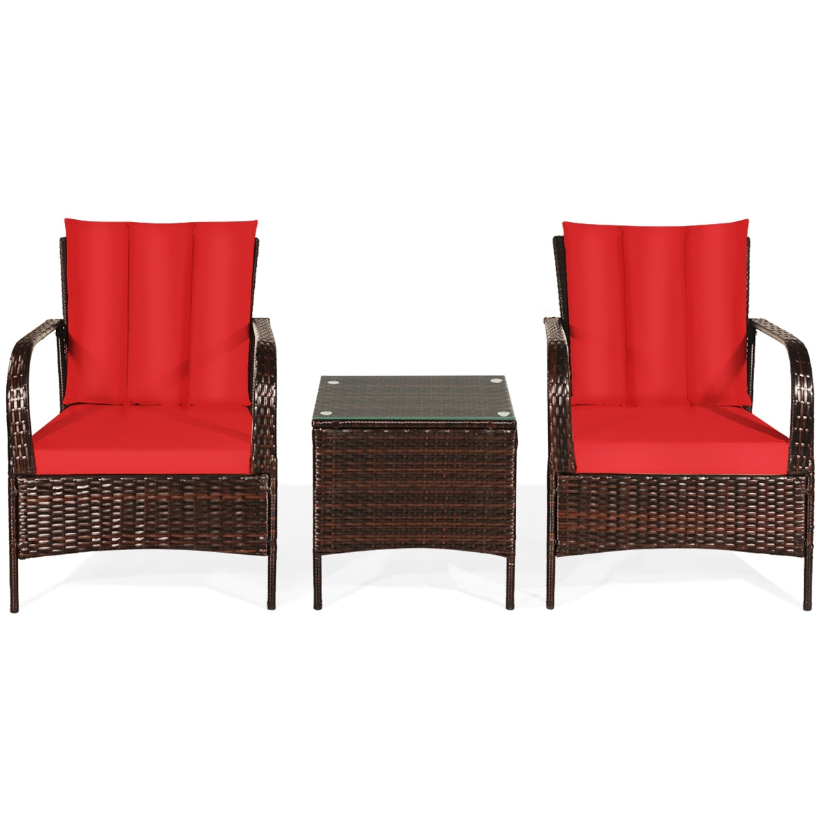 3 Pieces Patio Rattan Conversation Set with Glass Top Coffee Table