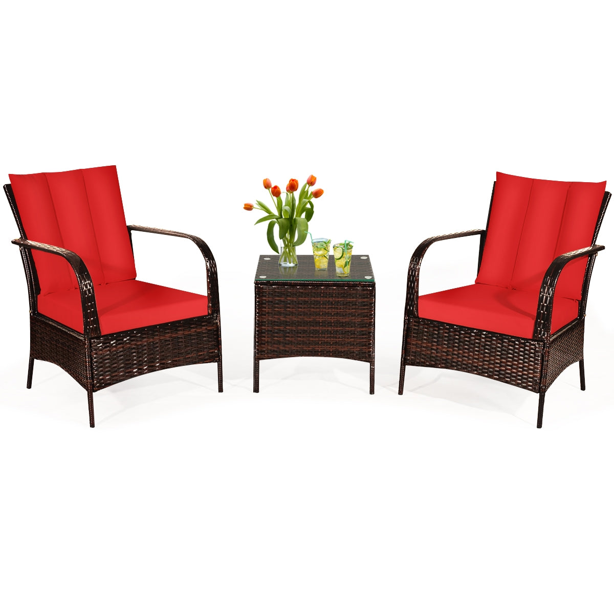 3 Pieces Patio Rattan Conversation Set with Glass Top Coffee Table