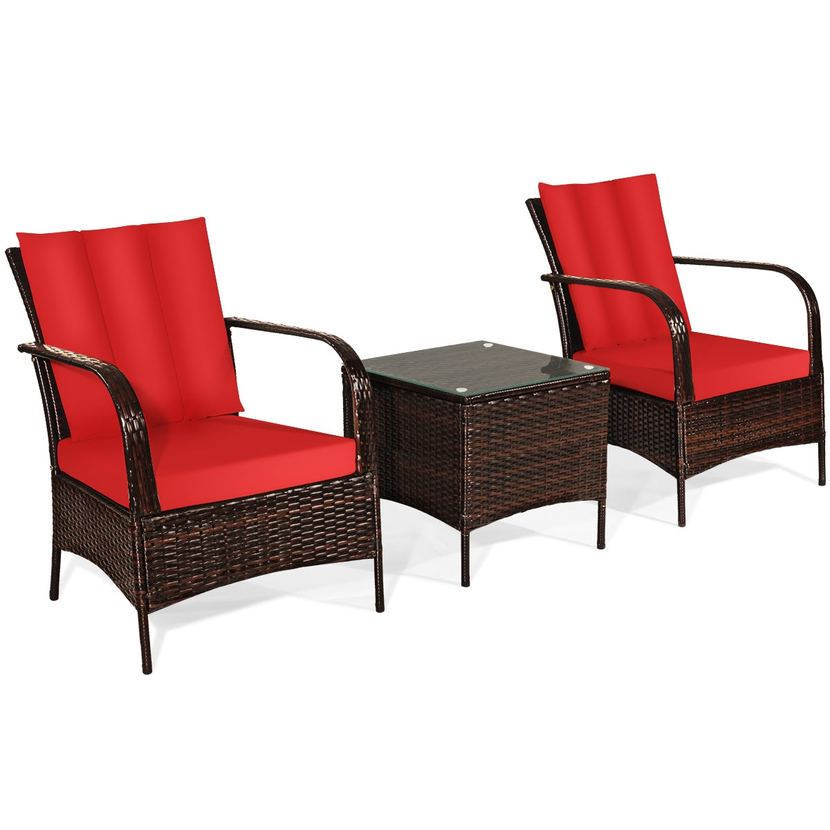 3 Pieces Patio Rattan Conversation Set with Glass Top Coffee Table