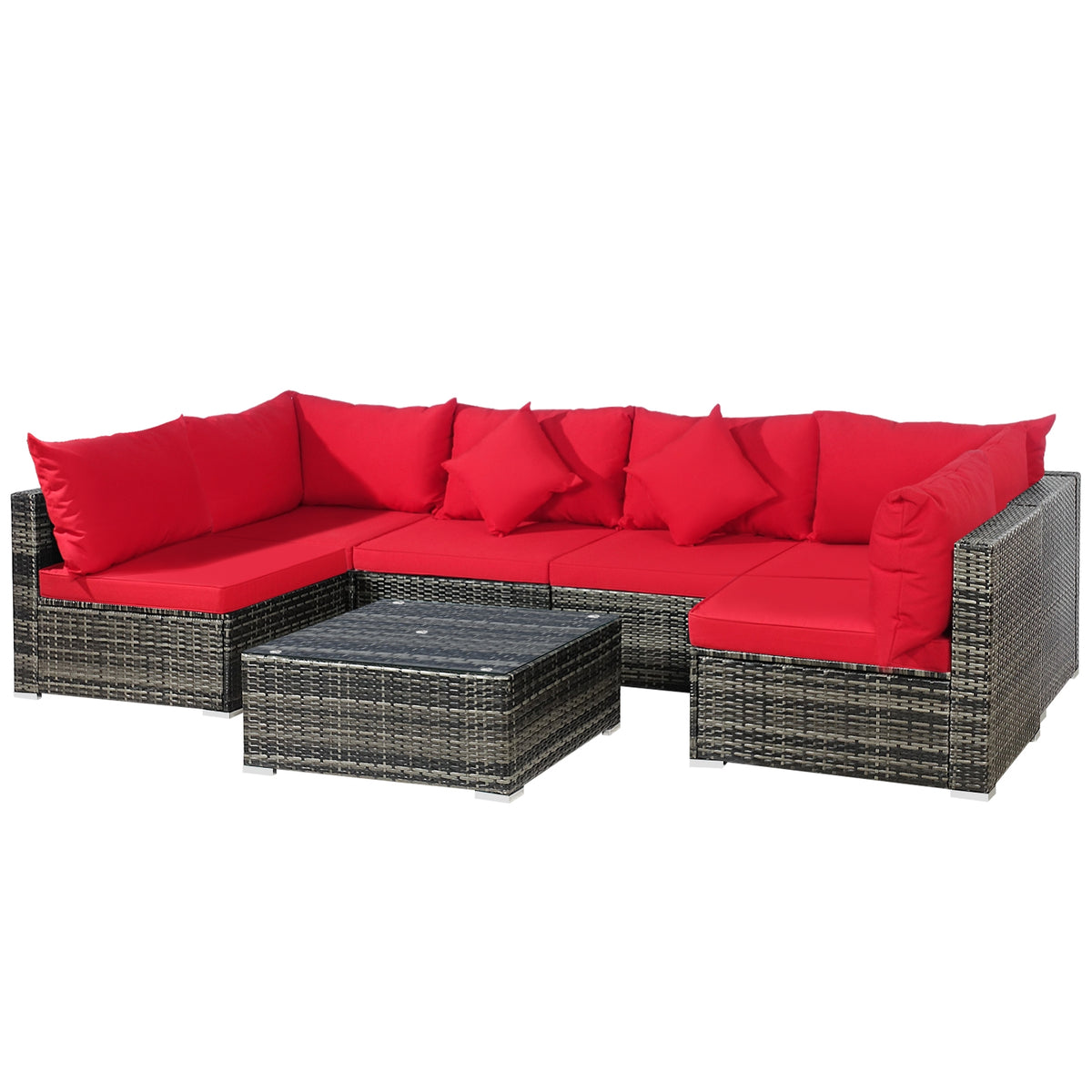 7-Piece Patio Rattan Sectional Sofa Set - Mix Gray & Red