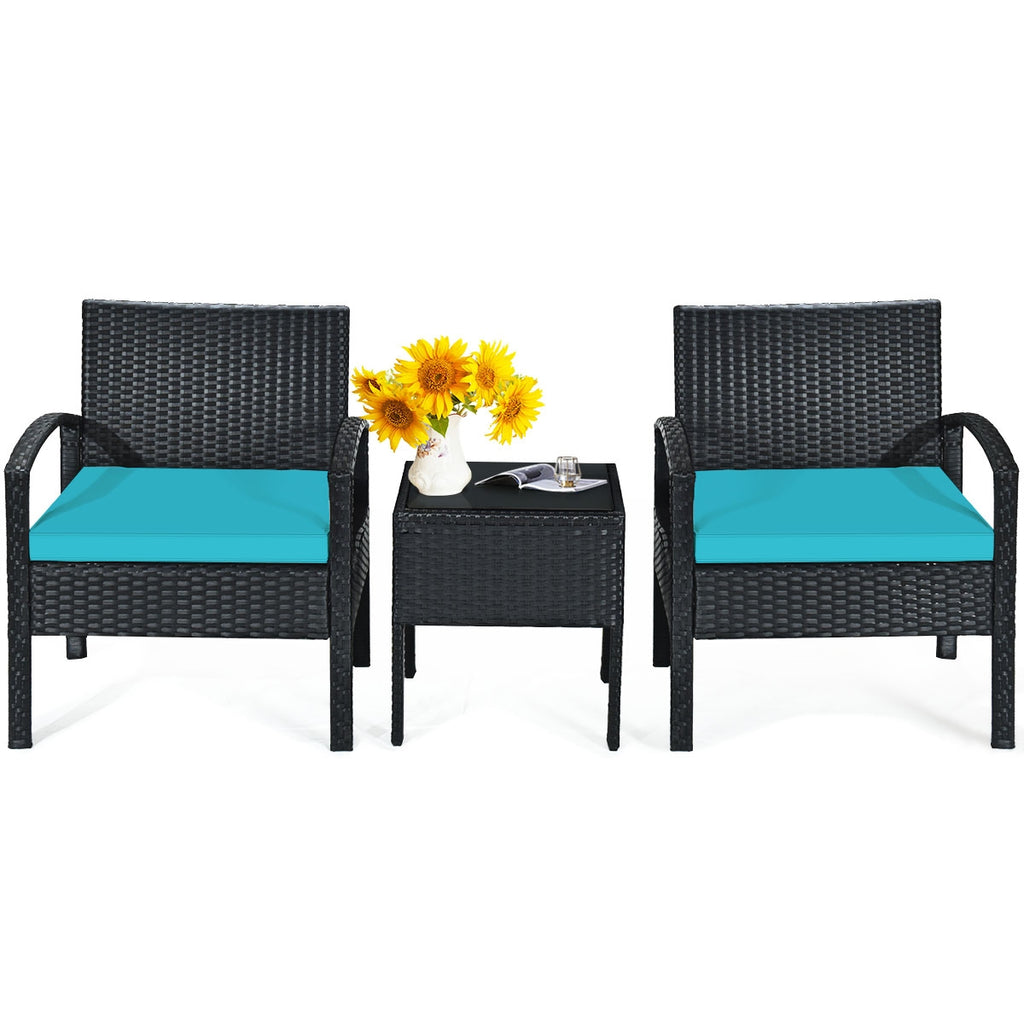 3 Pieces Outdoor Rattan Patio Conversation Set with Seat Cushions
