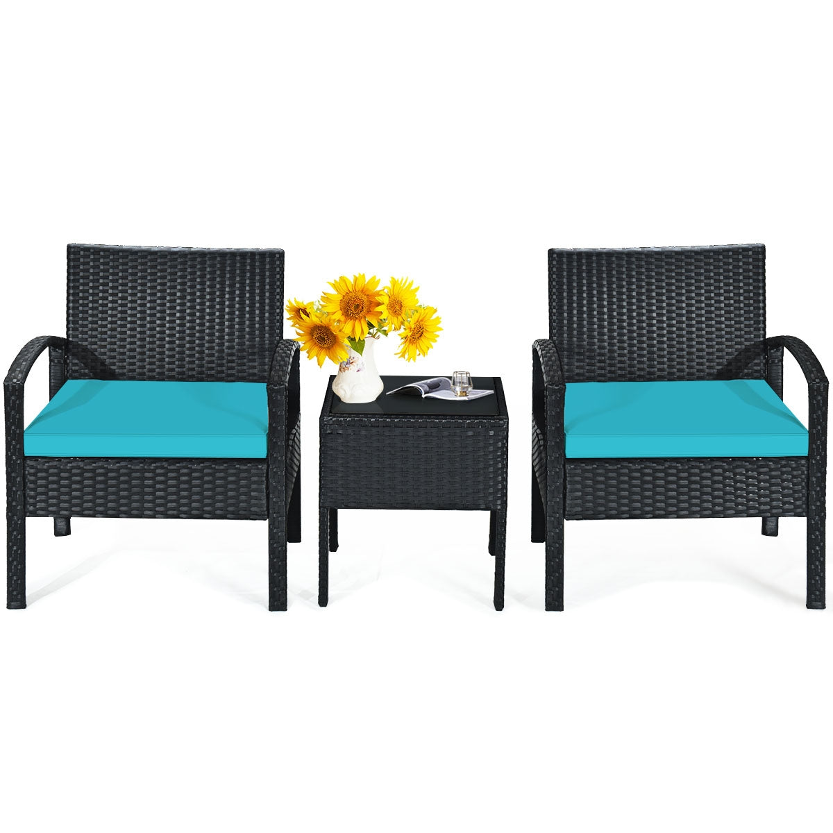 3 Pieces Outdoor Rattan Patio Conversation Set with Seat Cushions