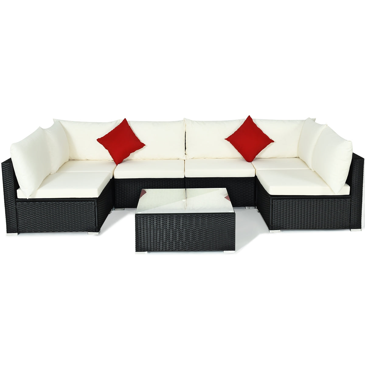 7-Piece Sectional Wicker Sofa Set with Coffee Table – Black Rattan, Beige