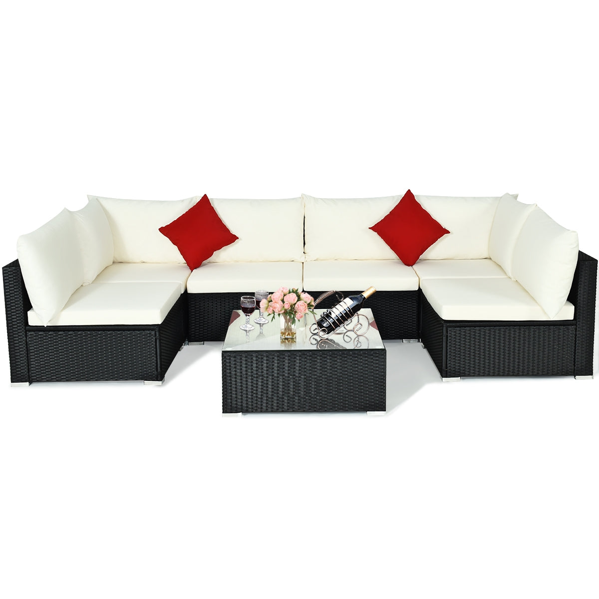 7-Piece Sectional Wicker Sofa Set with Coffee Table – Black Rattan, Beige