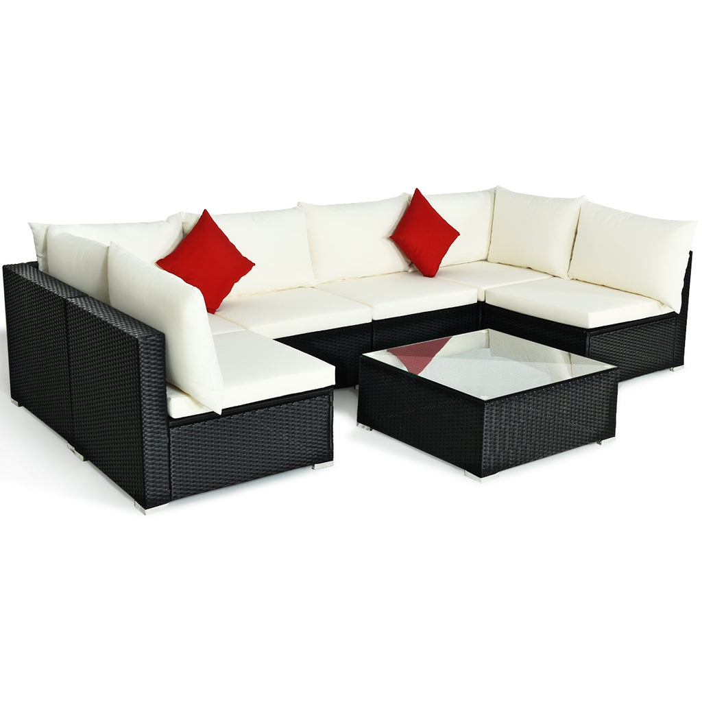 7-Piece Sectional Wicker Sofa Set with Coffee Table – Black Rattan, Beige