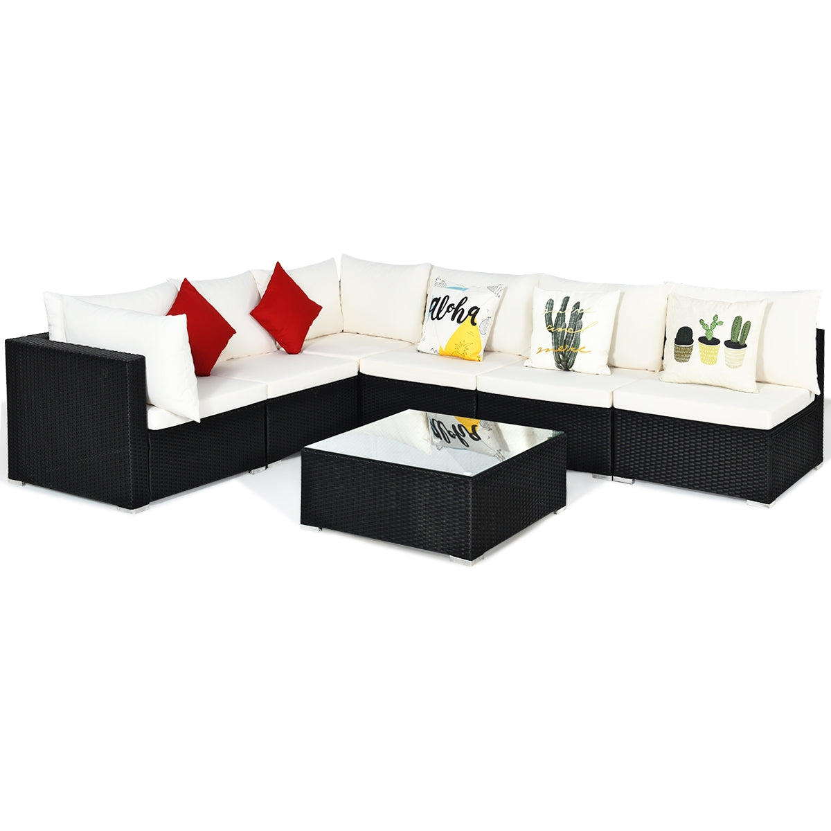 7-Piece Sectional Wicker Sofa Set with Coffee Table – Black Rattan, Beige