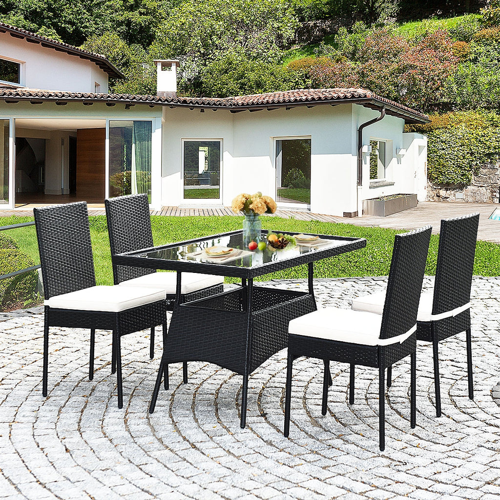 5-Piece Rattan Dining Set with Glass Table & Black Chairs
