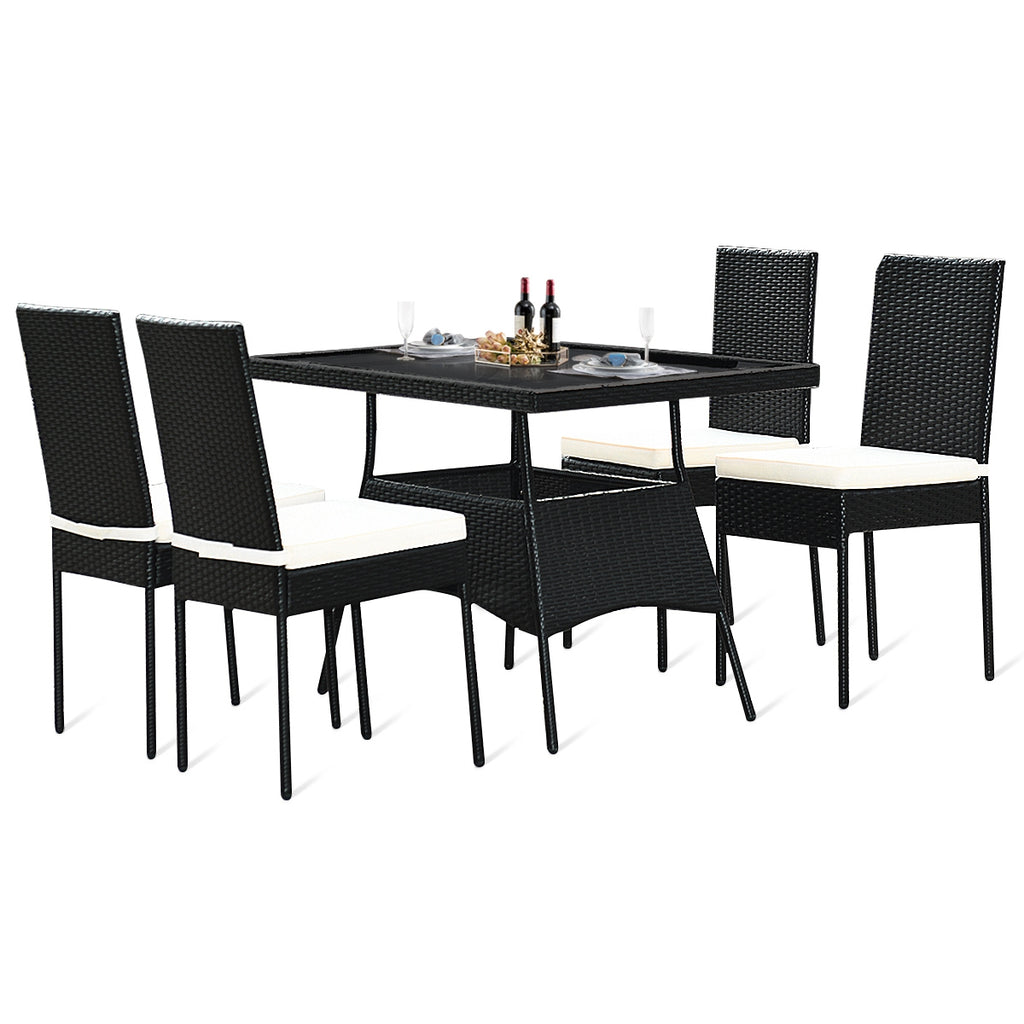 5-Piece Rattan Dining Set with Glass Table & Black Chairs