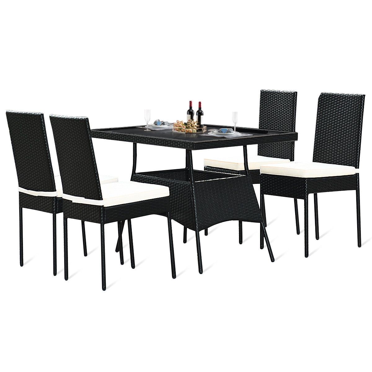 5-Piece Rattan Dining Set with Glass Table & Black Chairs