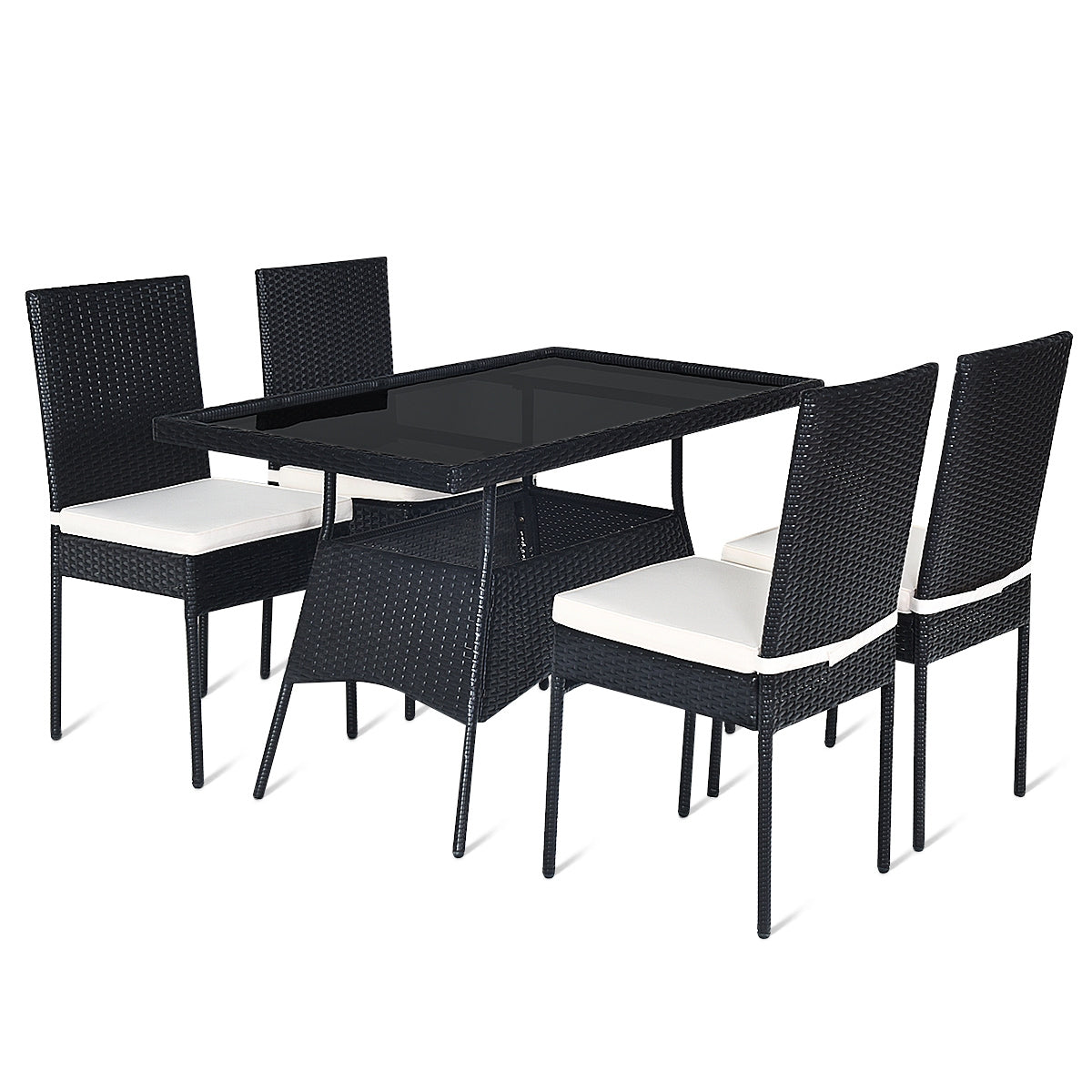 5-Piece Rattan Dining Set with Glass Table & Black Chairs