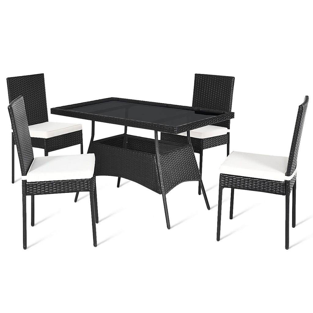 5-Piece Rattan Dining Set with Glass Table & Black Chairs