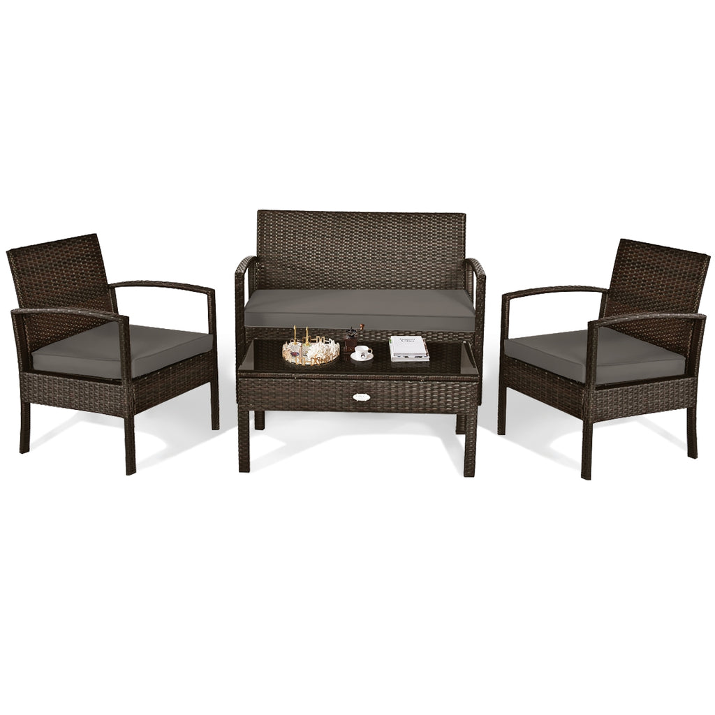 4-Piece Patio Rattan Furniture Set with Loveseat, Chairs & Table - Black