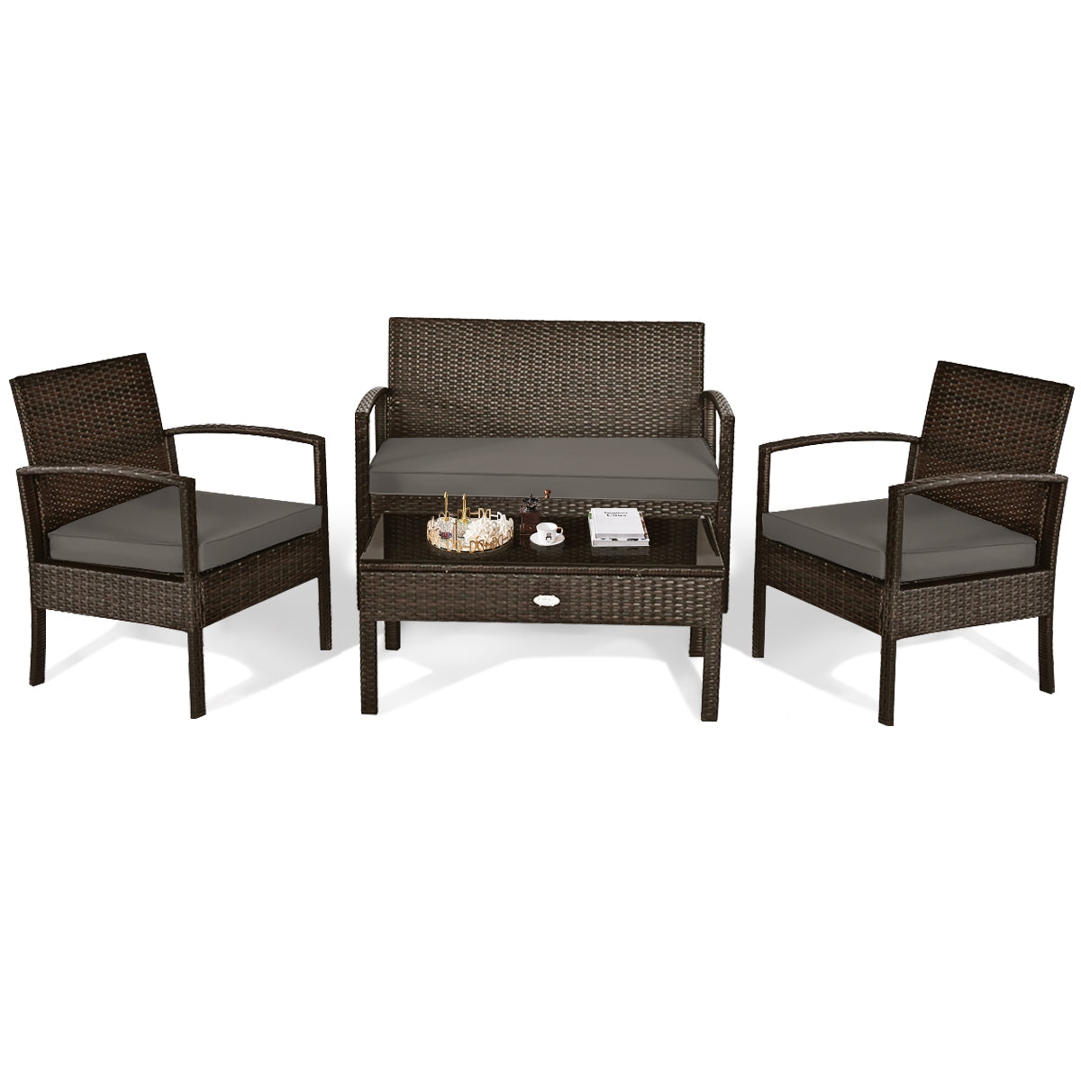 4-Piece Patio Rattan Furniture Set with Loveseat, Chairs & Table - Black