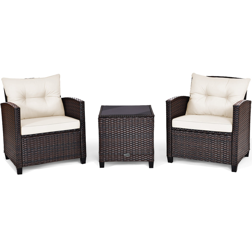 3-Piece Rattan Patio Furniture Set with Cushions - Brown & White