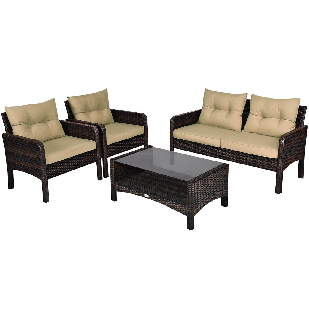 4-Piece Patio Rattan Sofa Set with Coffee Table - Red