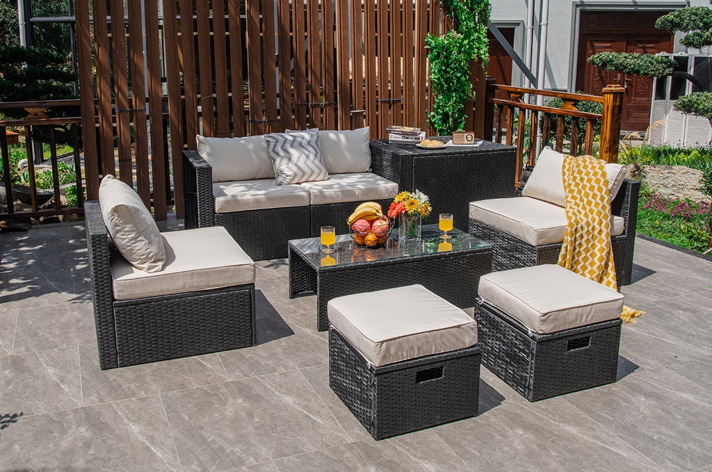 8-Piece Patio Furniture Set with Storage Box & Cover – Black Rattan, Off White