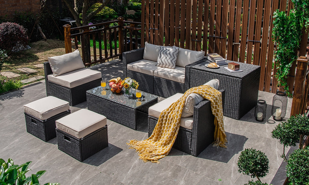 8-Piece Patio Furniture Set with Storage Box & Cover – Black Rattan, Off White