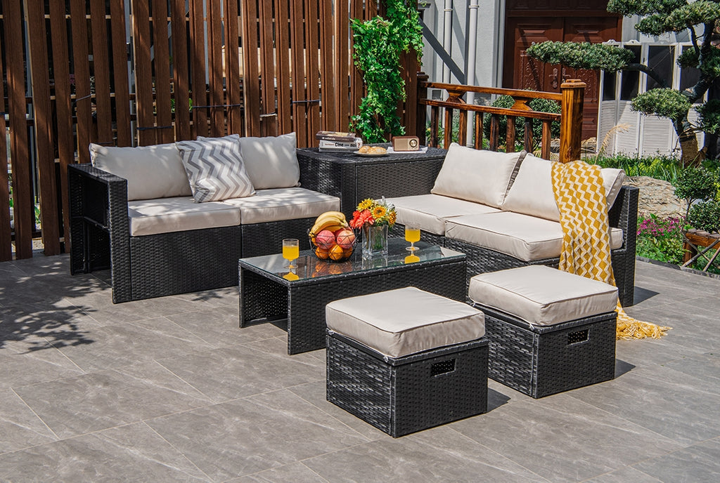8-Piece Patio Furniture Set with Storage Box & Cover – Black Rattan, Off White