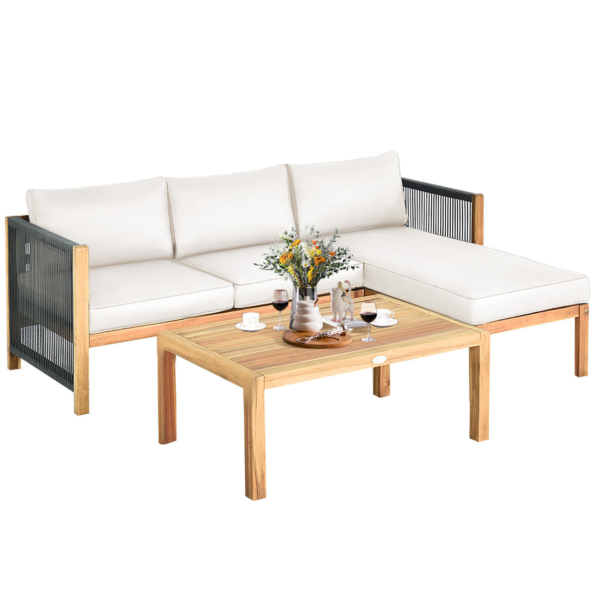 Acacia Wood Patio Sofa Set with Nylon Rope Armrest - White
