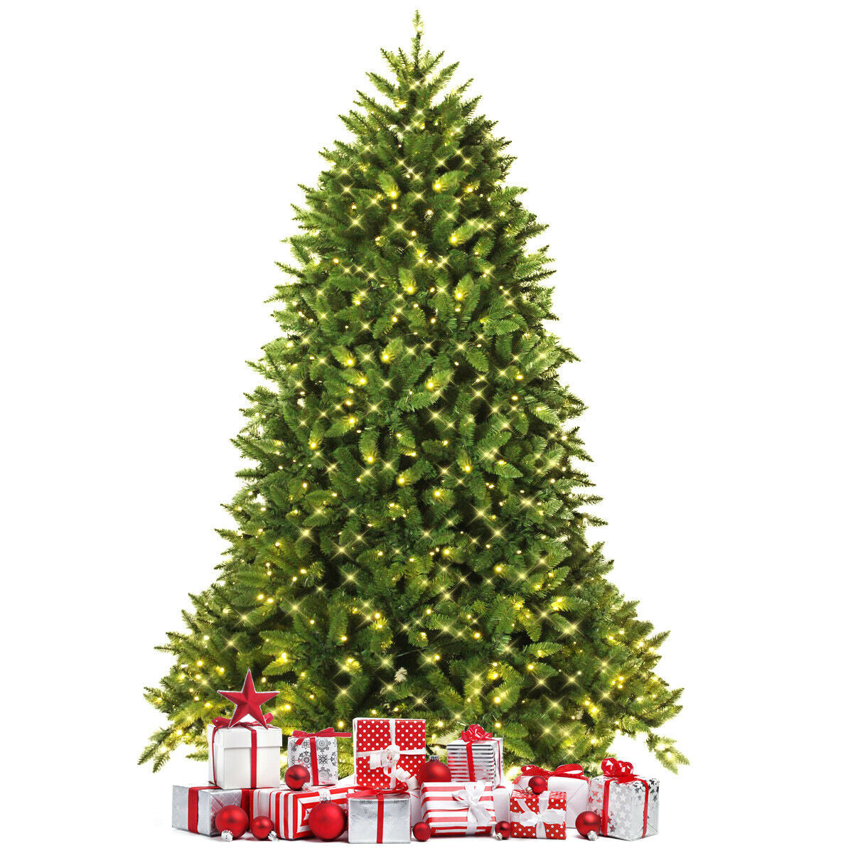 7.5 Feet Artificial Fir Christmas Tree with LED Lights - 1968 Branch Tips, Foldable Base, UL Certified