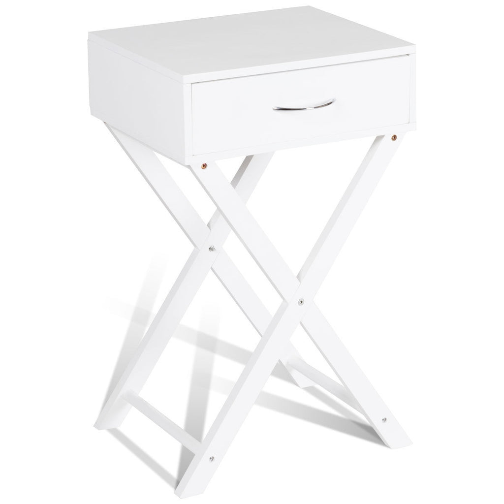 Sofa Side Table with Drawer and X-Shape Legs, White