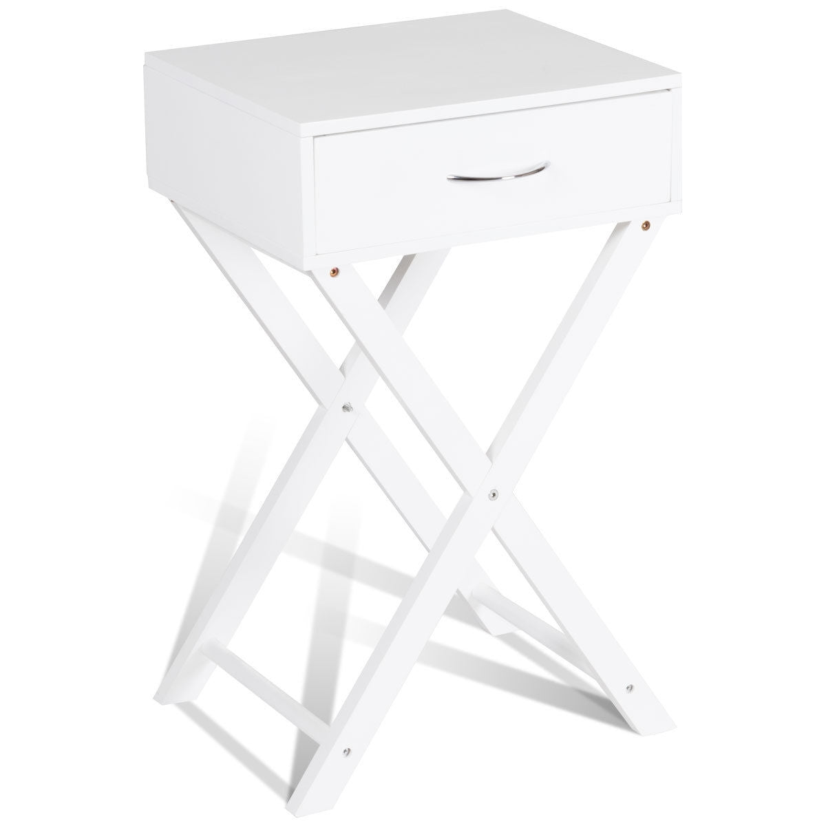 Sofa Side Table with Drawer and X-Shape Legs, White